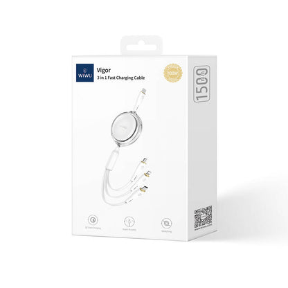 Wiwu Wi-C023 Vigor Serisi 3in1 Type-C Lightning Micro USB Makaralı Data ve Şarj Kablosu 100W 1.5M Beyaz