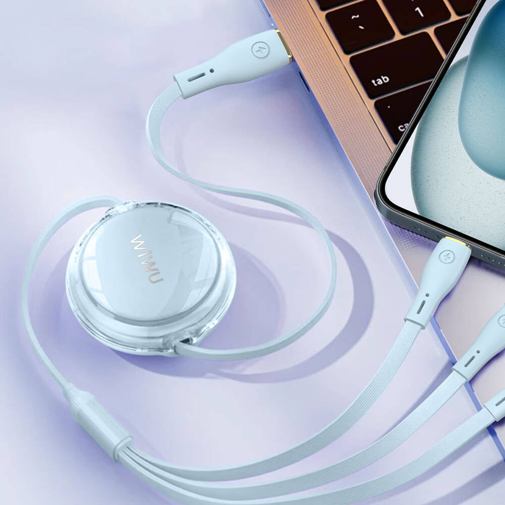 Wiwu Wi-C023 Vigor Serisi 3in1 Type-C Lightning Micro USB Makaralı Data ve Şarj Kablosu 100W 1.5M Beyaz