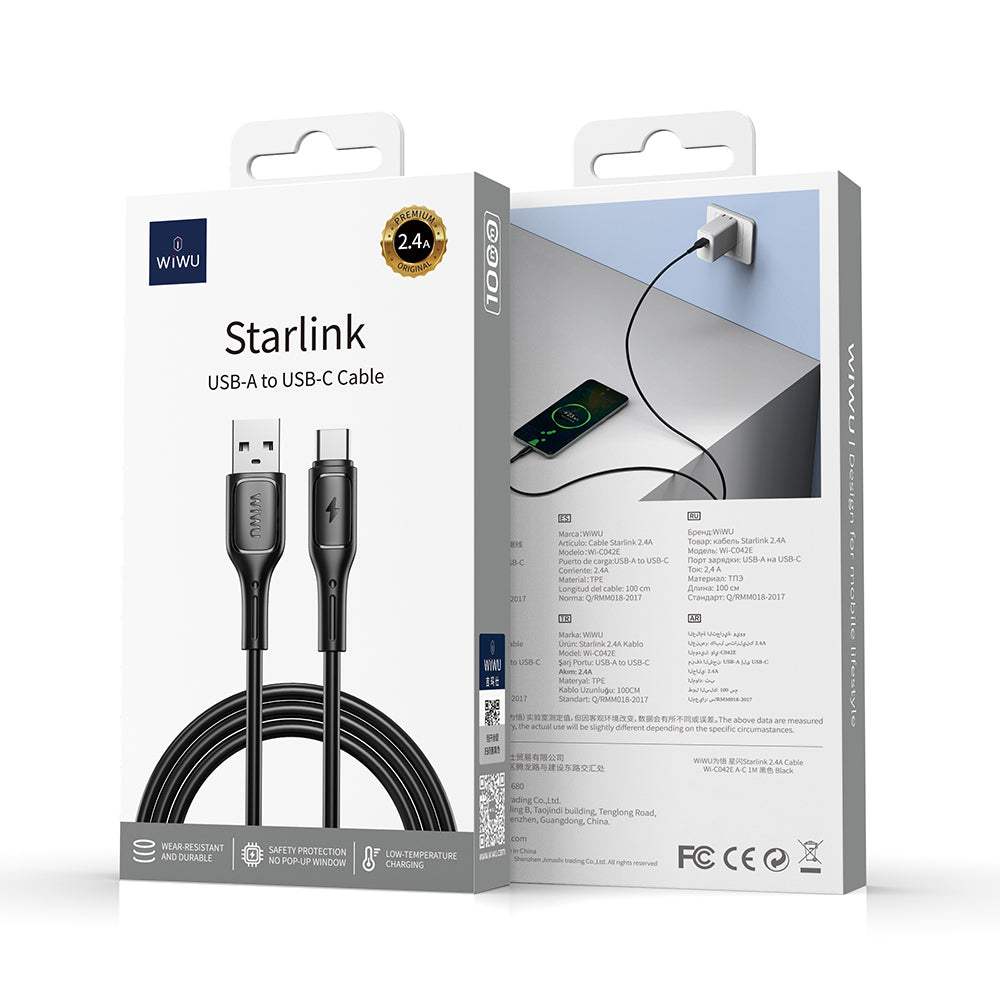 Wiwu Wi-C042E Starlink Serisi USB-A to Type-C Hızlı Şarj Özellikli Data ve Şarj Kablosu 2.4A 1M Siyah