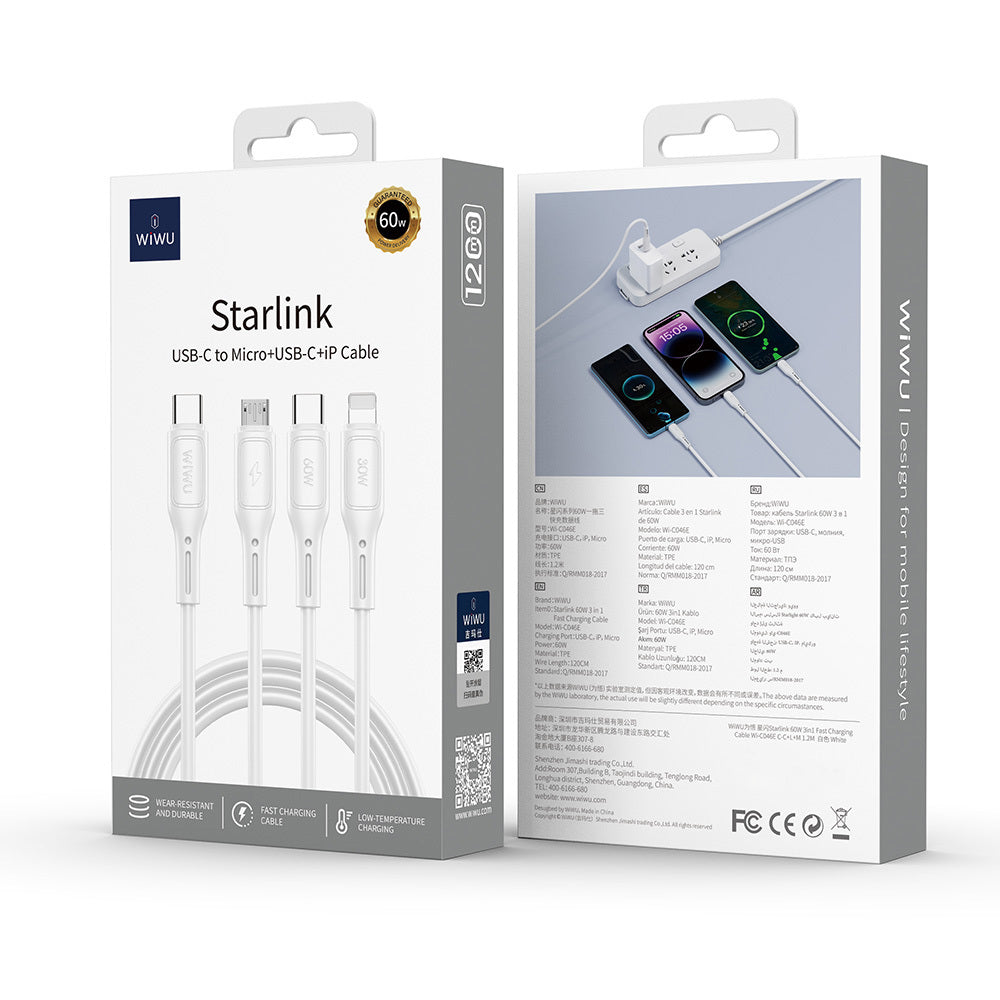 Wiwu Wi-C046E Starlink Serisi 3in1 USB-C to Lightning – Type-C – Micro Şarj ve Data Kablosu 60W 1.2M Siyah