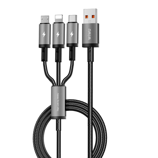 Wiwu Wi-C059 Titanlink Serisi 3in1 USB-A to Lightning – Type-C – Micro Örgülü Şarj ve Data Kablosu 66W 1.2m Gri
