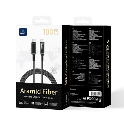 Wiwu Wi-C079 Warriors Serisi Aramid Fiber Dijital LED Göstergeli Type-C to Type-C PD Data ve Şarj Kablosu 100W 1.2M Siyah