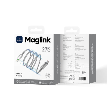 Wiwu Wi-C083 Maglink Serisi Işıklı Magnetik Type-C to Lightning PD Hızlı Şarj Özellikli Data ve Şarj Kablosu 27W 1M Gri