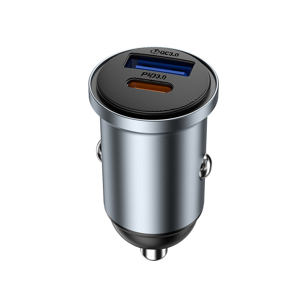 Wiwu Wi-CC030 Nano Lite Serisi Type-C + USB-A Hızlı Şarj Özellikli Akım Korumalı Araç Şarj Aleti PD ve QC3.0 35W Gri