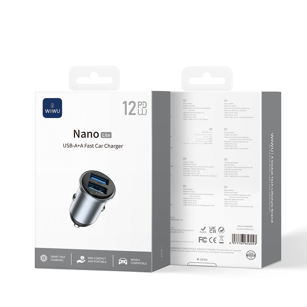 Wiwu Wi-CC031 Nano Lite Serisi Dual USB-A Hızlı Şarj Özellikli Araç Şarj Aleti PD 12W Gri