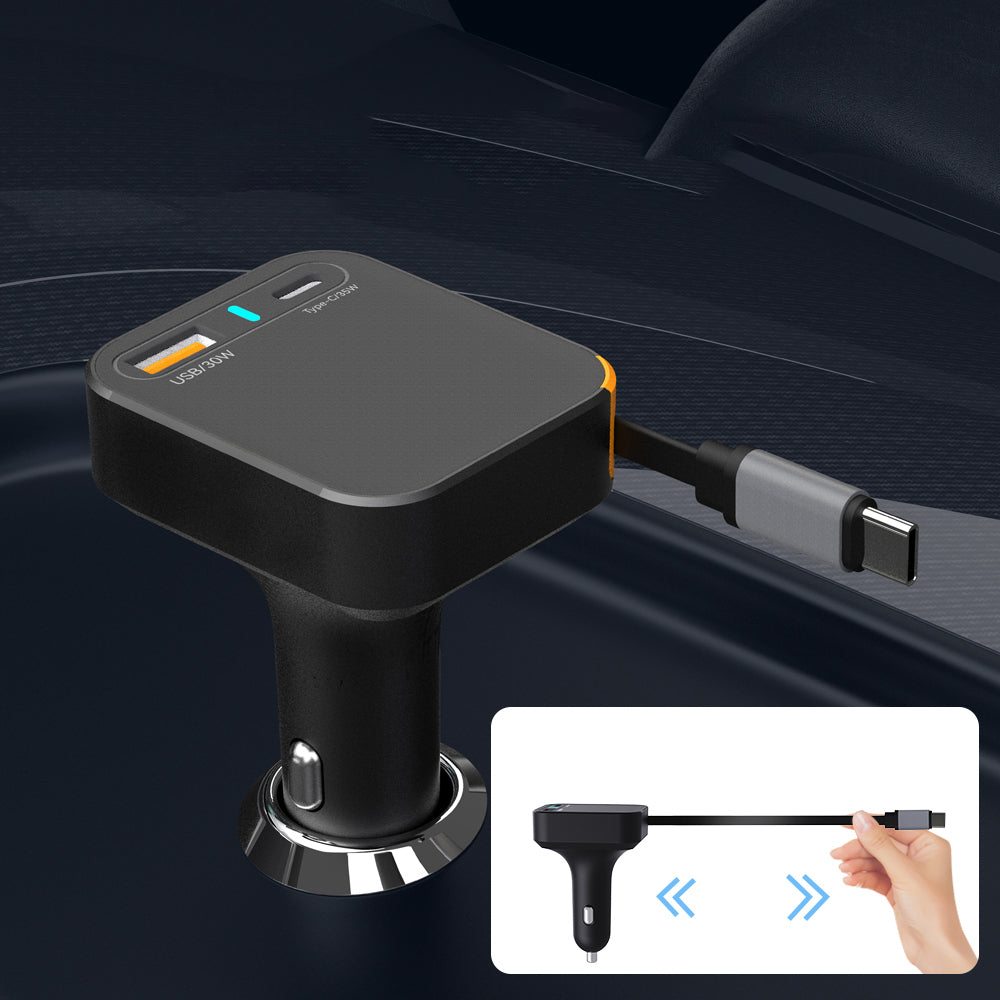 Wiwu Wi-CC033 Type-C + USB-A Hızlı Şarj Özellikli Akım Korumalı Dahili Kablolu Araç Şarj Aleti 65W Siyah