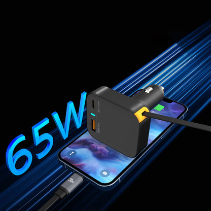 Wiwu Wi-CC033 Type-C + USB-A Hızlı Şarj Özellikli Akım Korumalı Dahili Kablolu Araç Şarj Aleti 65W Siyah