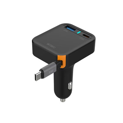 Wiwu Wi-CC033 Type-C + USB-A Hızlı Şarj Özellikli Akım Korumalı Dahili Kablolu Araç Şarj Aleti 65W Siyah