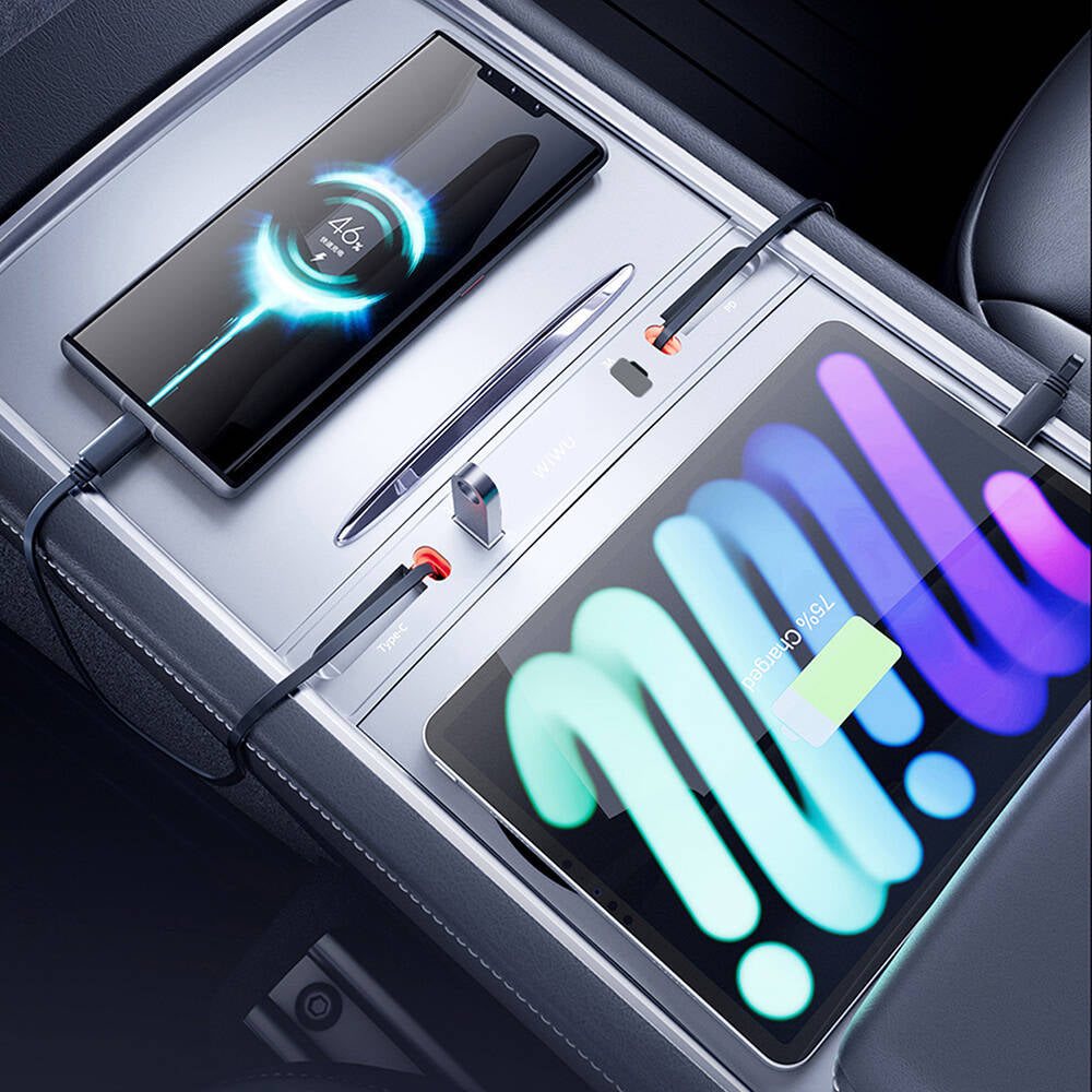 Wiwu Wi-DS001 Tesla Uyumlu Type-C Lightning USB-A Akıllı Araç İçi Şarj İstasyonu 60W Gri