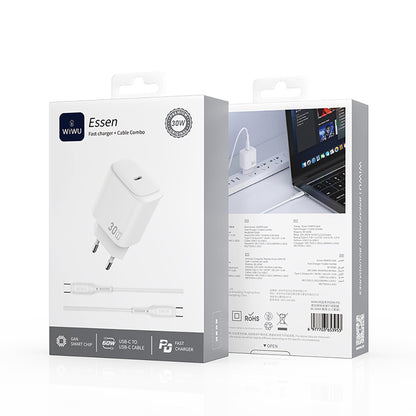 Wiwu Wi-G008 Essen Serisi GaN Tech PD Hızlı Şarj Başlığı Type-C to Type-C PD 30W Kablolu Şarj Seti Beyaz
