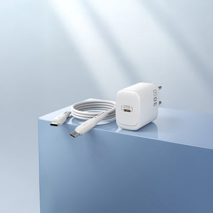 Wiwu Wi-G008 Essen Serisi GaN Tech PD Hızlı Şarj Başlığı Type-C to Type-C PD 30W Kablolu Şarj Seti Beyaz