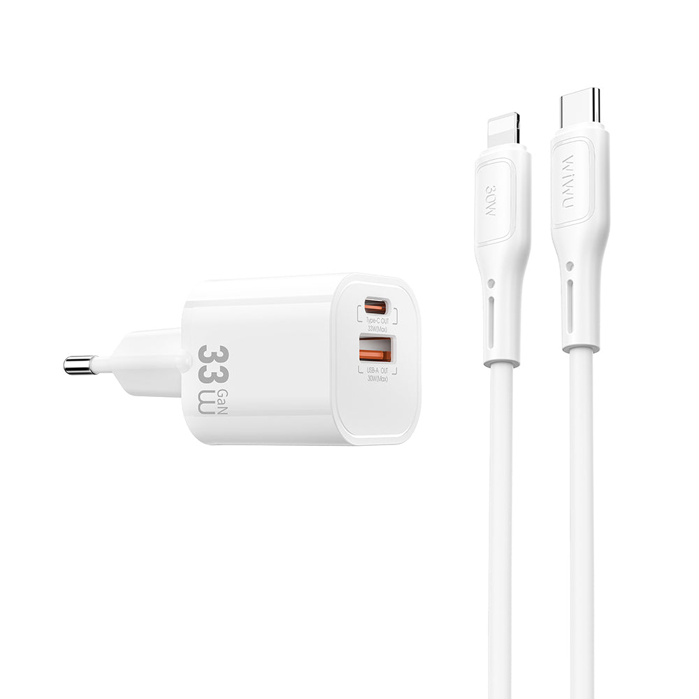 Wiwu Wi-G018 Cube Serisi Type-C to Lightning GaN Tech PD Hızlı Şarj Özellikli Kablolu Şarj Seti 33W Beyaz