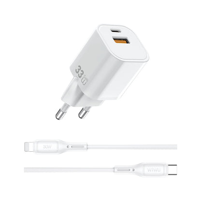 Wiwu Wi-G018 Cube Serisi Type-C to Lightning GaN Tech PD Hızlı Şarj Özellikli Kablolu Şarj Seti 33W Beyaz