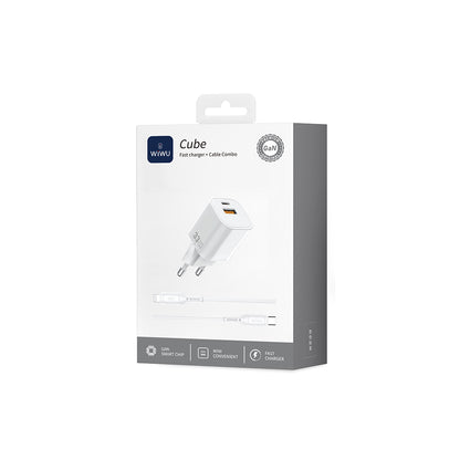 Wiwu Wi-G018 Cube Serisi Type-C to Lightning GaN Tech PD Hızlı Şarj Özellikli Kablolu Şarj Seti 33W Beyaz