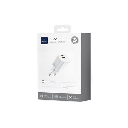 Wiwu Wi-G018 Cube Serisi Type-C to Type-C GaN Tech PD Hızlı Şarj Özellikli Kablolu Şarj Seti 33W Beyaz