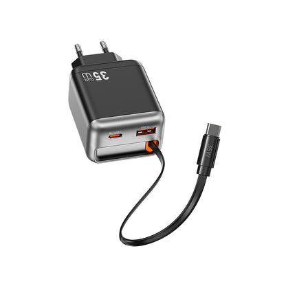 Wiwu Wi-G029 Helix Serisi GaN Teknolojili Hızlı Şarj Başlığı USB-A to Type-C PD 35W Type-C Kablolu Şarj Seti Siyah