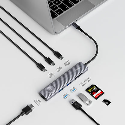 Wiwu Wi-HB8001 Travel Serisi 8in1 HDMI (4K@60Hz) Girişli 100W PD Type-C Hub Bağlantı İstasyonu Gri