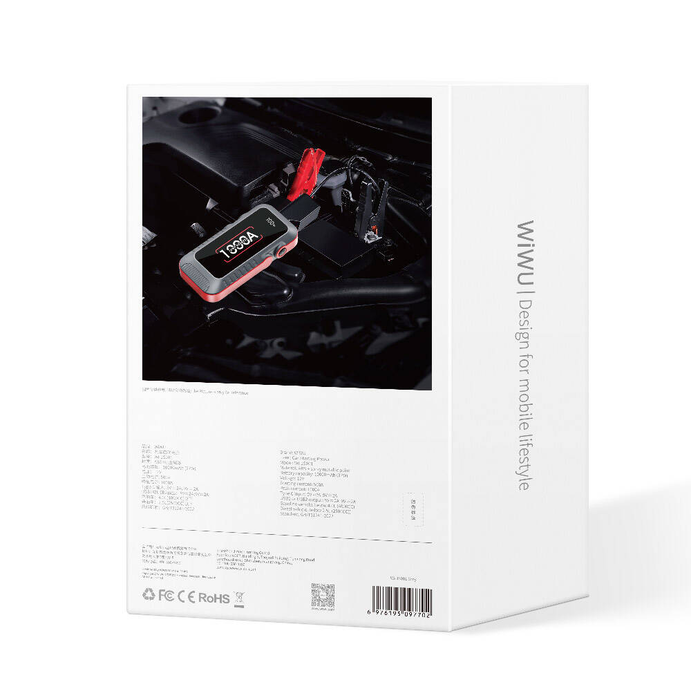 Wiwu Wi-JS001 LED Işıklı Araç Akü Acil Durum Takviye Güç Kaynağı Powerbank 12V 37W 10000mAh Gri