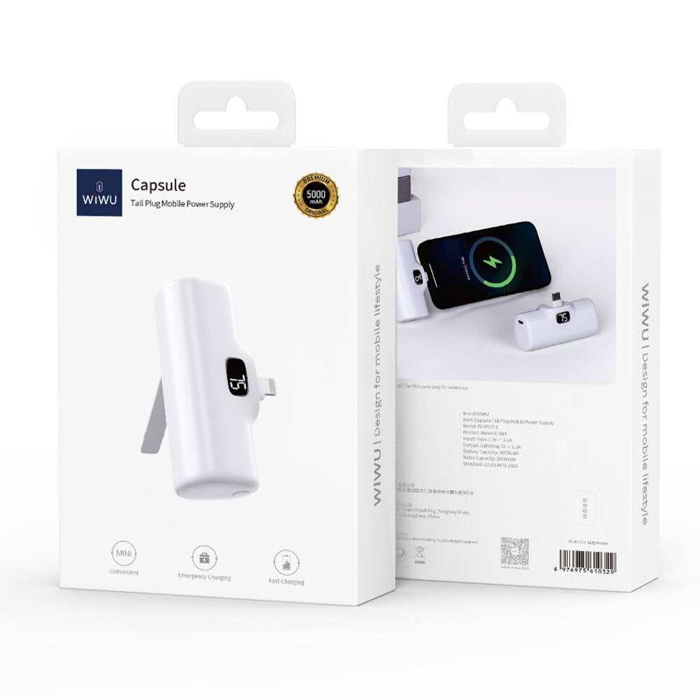 Wiwu Wi-P017 Capsule Serisi 2in1 Mini Taşınabilir Standlı Lightning Powerbank 5000mAh Beyaz