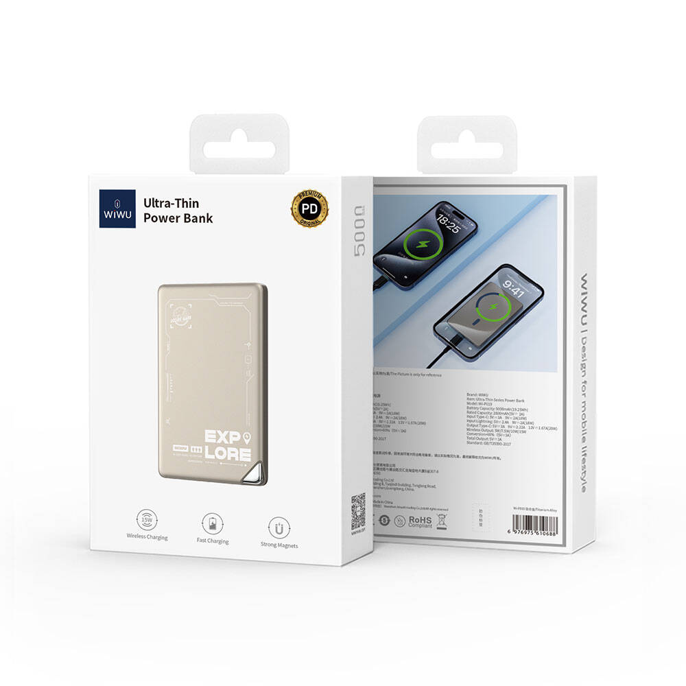 Wiwu Wi-P019 Ultra-Thin Explore Serisi Led Göstergeli Wireless M-safe Powerbank 15W 5000mAh Titanyum-Gold