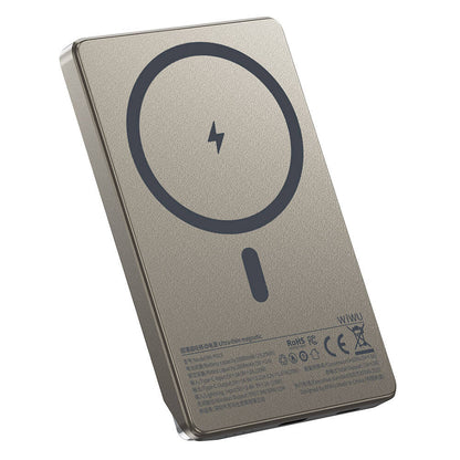 Wiwu Wi-P019 Ultra-Thin Explore Serisi Led Göstergeli Wireless M-safe Powerbank 15W 5000mAh Titanyum-Gold