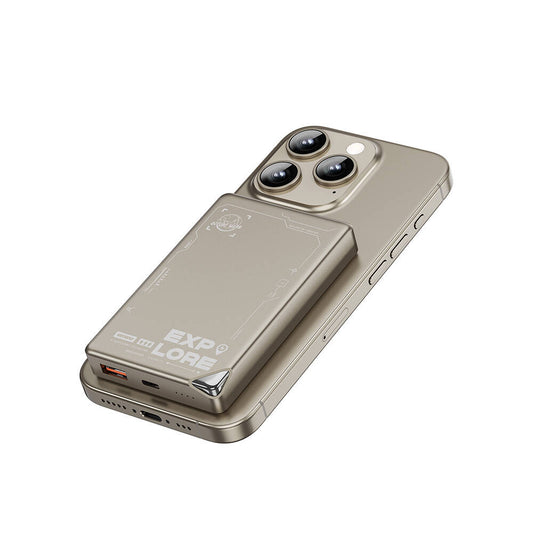 Wiwu Wi-P020 Ultra-Thin Explore Serisi Led Göstergeli Wireless M-safe Powerbank 15W 10000mAh Titanyum-Gold