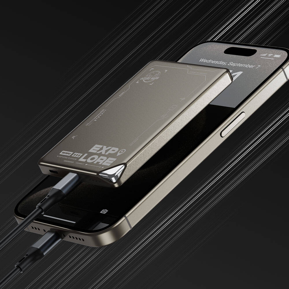 Wiwu Wi-P020 Ultra-Thin Explore Serisi Led Göstergeli Wireless M-safe Powerbank 15W 10000mAh Titanyum-Gold