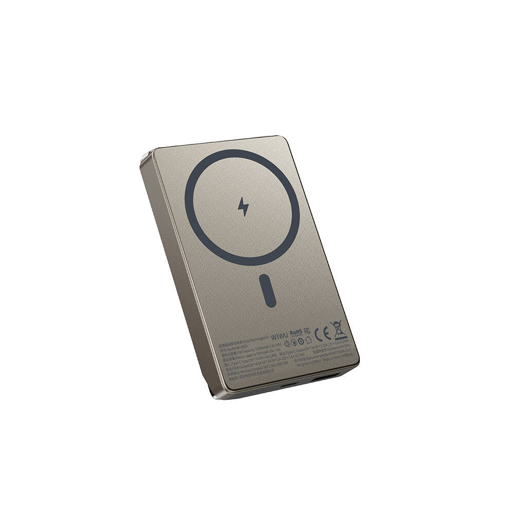 Wiwu Wi-P020 Ultra-Thin Explore Serisi Led Göstergeli Wireless M-safe Powerbank 15W 10000mAh Titanyum-Gold
