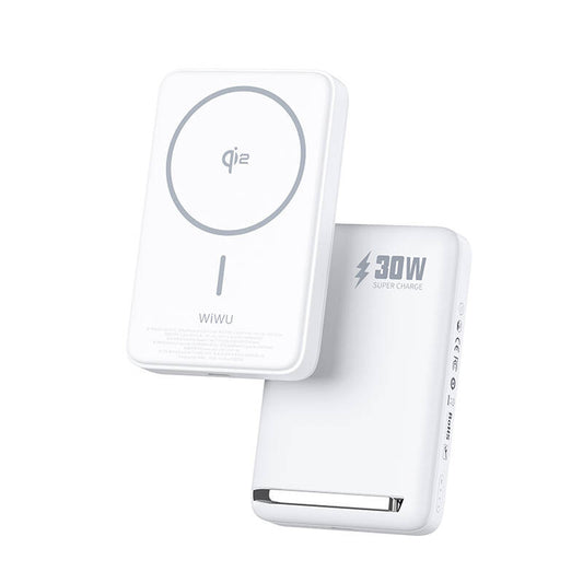 Wiwu Wi-P031 Qi2 Şarj Teknolojili LED Işık Göstergeli Standlı 30W Taşınabilir M-safe Wireless Powerbank 10.000mAh Beyaz