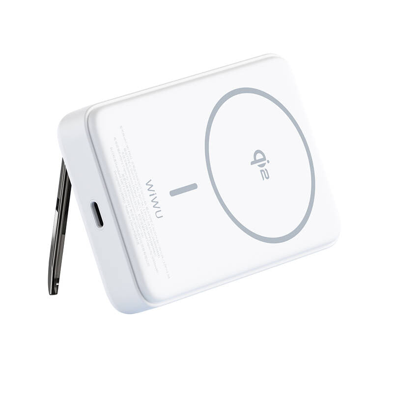 Wiwu Wi-P031 Qi2 Şarj Teknolojili LED Işık Göstergeli Standlı 30W Taşınabilir M-safe Wireless Powerbank 10.000mAh Beyaz