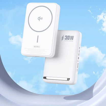 Wiwu Wi-P031 Qi2 Şarj Teknolojili LED Işık Göstergeli Standlı 30W Taşınabilir M-safe Wireless Powerbank 10.000mAh Beyaz