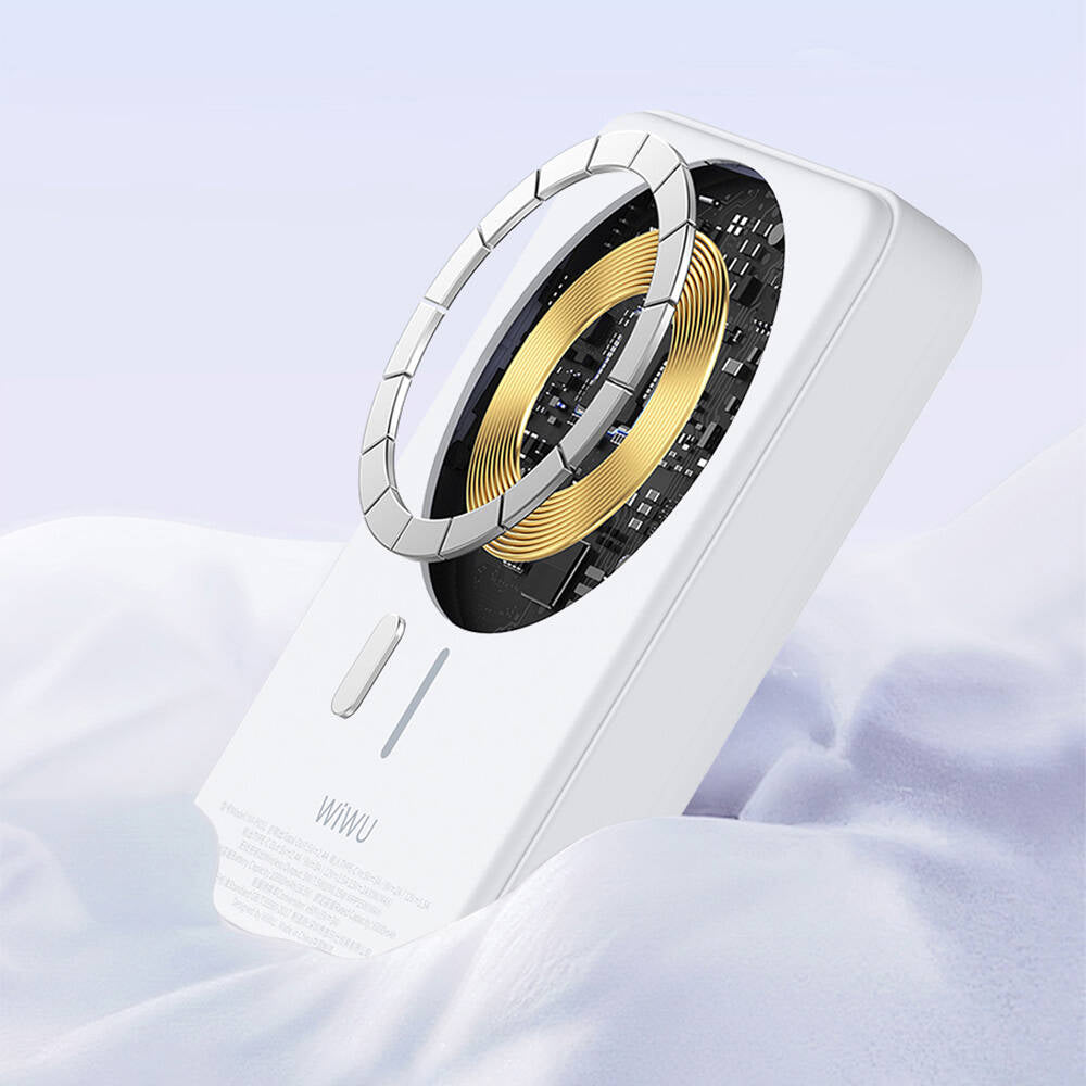 Wiwu Wi-P031 Qi2 Şarj Teknolojili LED Işık Göstergeli Standlı 30W Taşınabilir M-safe Wireless Powerbank 10.000mAh Beyaz