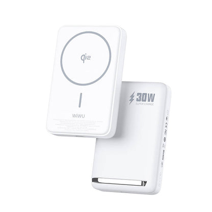 Wiwu Wi-P031 Qi2 Şarj Teknolojili LED Işık Göstergeli Standlı 30W Taşınabilir M-safe Wireless Powerbank 10.000mAh Beyaz