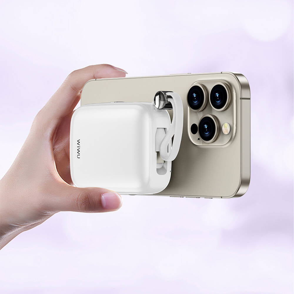 Wiwu Wi-P042 Monaco Serisi Lightning ve Type-C Kablolu Dijital LED Göstergeli Askılı Powerbank 10000mAh Beyaz