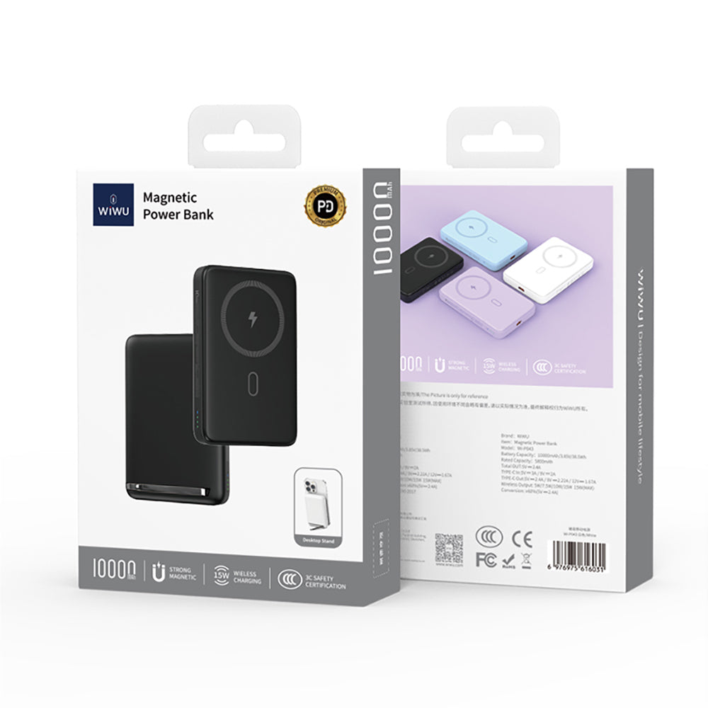 Wiwu Wi-P043 LED Işık Göstergeli Standlı Taşınabilir M-safe Wireless Powerbank 10.000mAh 15W Beyaz