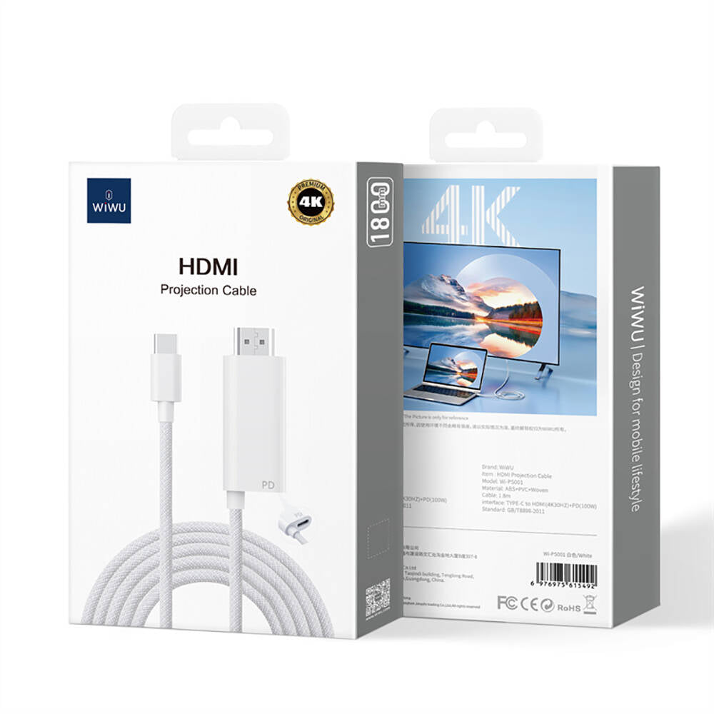 Wiwu Wi-PS001 Type-C to HDMI (4K@60Hz) PD Şarj ve Projeksiyon Kablosu 1.8M Beyaz