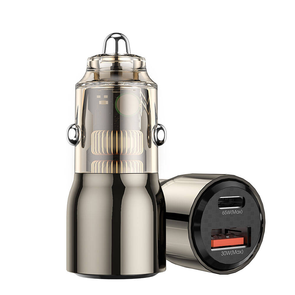 Wiwu Wi-QC012 Geek Serisi Type-C + USB-A Hızlı Şarj Özellikli Transparan Tasarımlı Araç Şarj Aleti 95W Siyah