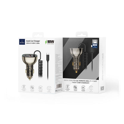 Wiwu Wi-QC016 Geek Serisi Type-C + Type-C Kablolu + USB-A Hızlı Şarj Özellikli Transparan Tasarımlı Araç Şarj Aleti 90W Siyah