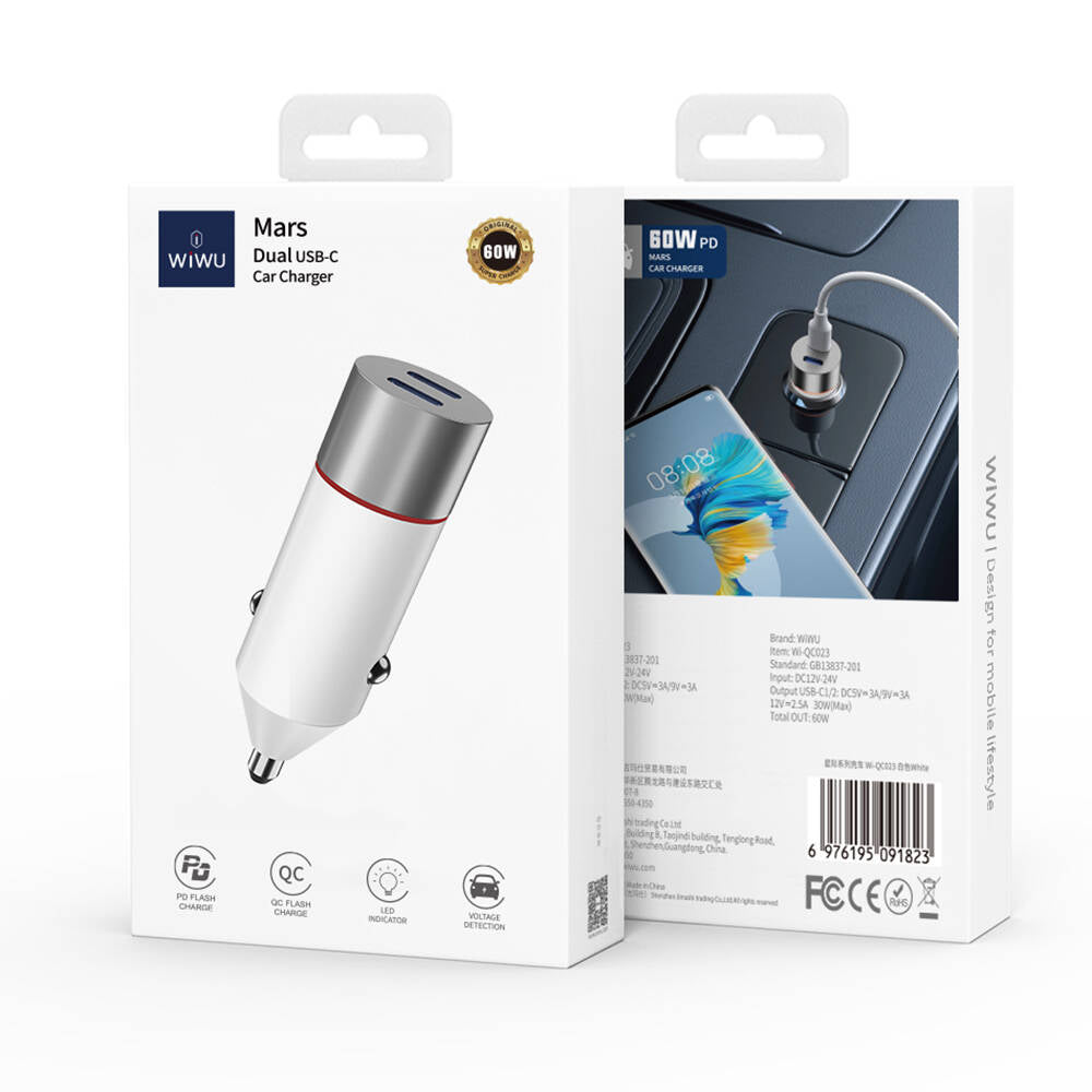 Wiwu Wi-QC023 60W Çift PD Hızlı Şarj Araç Şarj Başlığı Beyaz