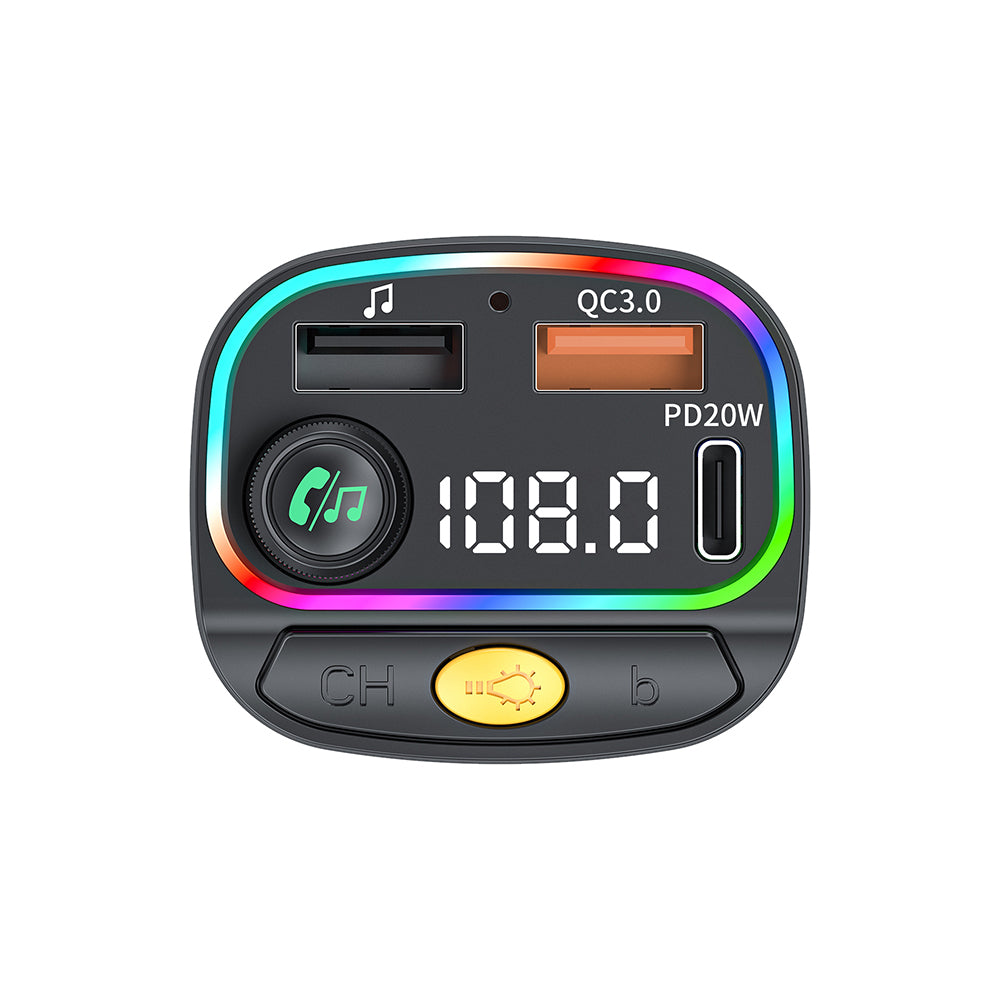 Wiwu Wi-QC031 RGB Bluetooth Transmitter MP3 Type-C ve USB-A Araç Şarjı Siyah