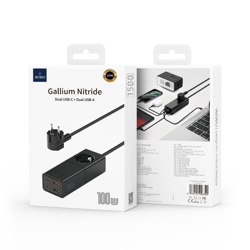 Wiwu Wi-S004 GaN Tech Çift Type-C ve Çift USB-A Girişli Priz 100W 150cm Siyah