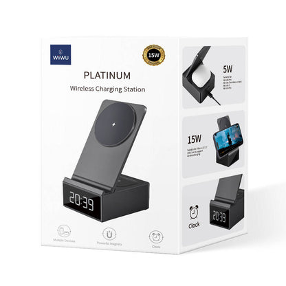 Wiwu Wi-W011 Platinum 3in1 Dijital Saatli ve Alarmlı Hızlı Şarj Özellikli Magnetik Kablosuz Şarj Standı Siyah