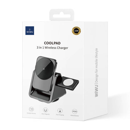 Wiwu Wi-W018 Coolpad Serisi Telefon ve Akıllı Saat İçin 15W 3in1 Kablosuz Şarj Standı Siyah