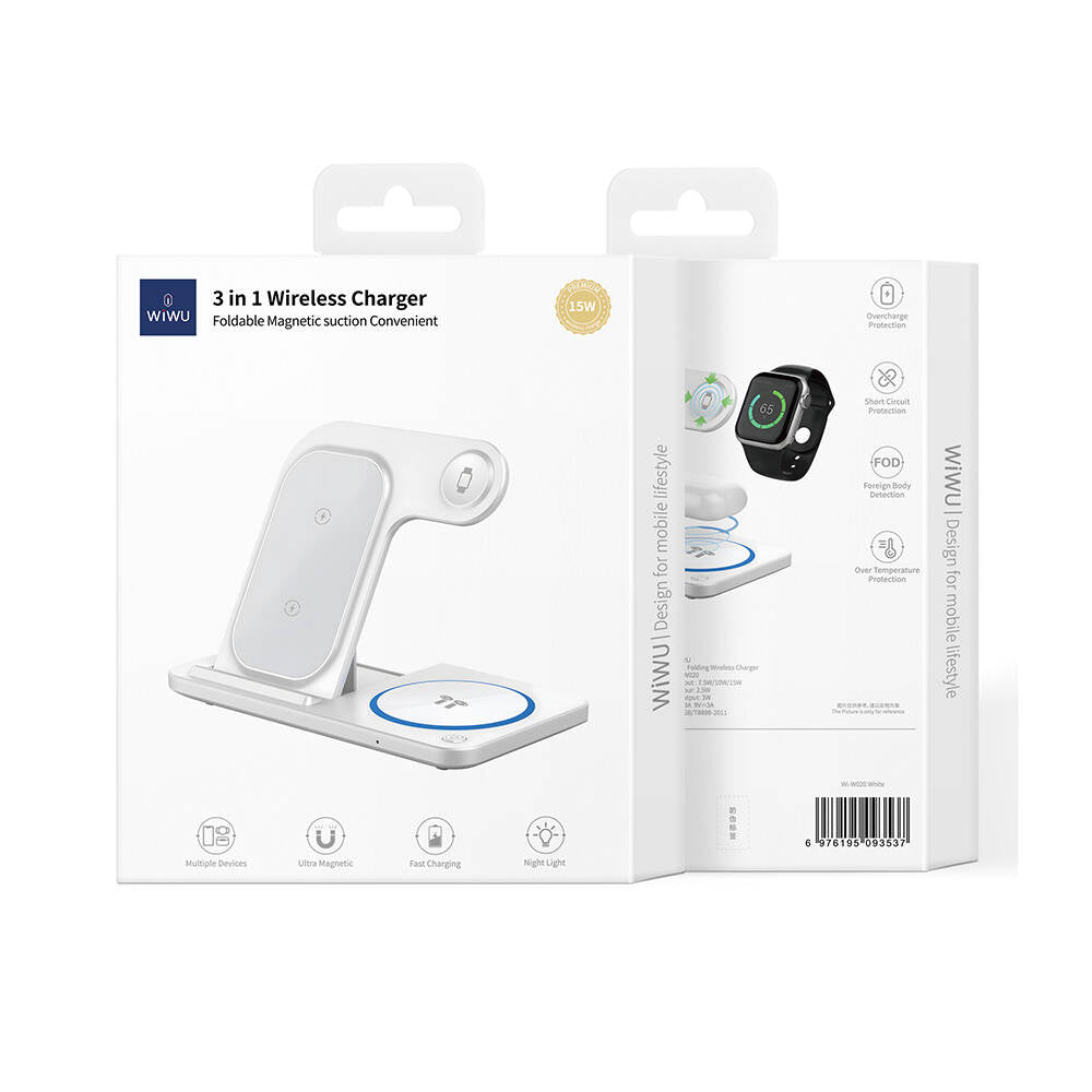 Wiwu Wi-W020 3in1 Katlanabilir Hızlı Şarj Özellikli Magnetik Kablosuz Şarj Standı Beyaz