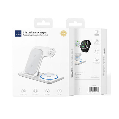 Wiwu Wi-W020 3in1 Katlanabilir Hızlı Şarj Özellikli Magnetik Kablosuz Şarj Standı Beyaz