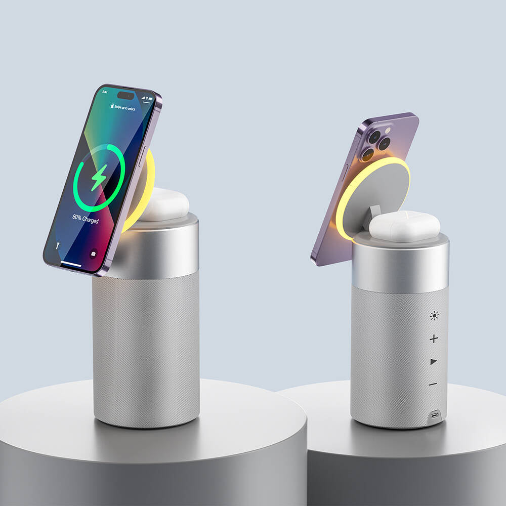 Wiwu Wi-W022 Kablosuz Şarj Standlı Ambiyans Işıklı Bluetooth Speaker Hoparlör Gümüş