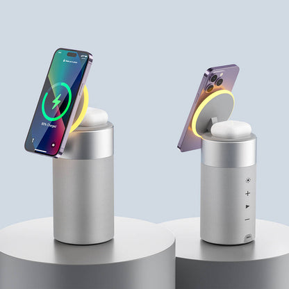 Wiwu Wi-W022 Kablosuz Şarj Standlı Ambiyans Işıklı Bluetooth Speaker Hoparlör Gümüş