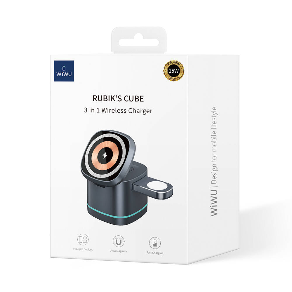 Wiwu Wi-W024 Rubik Küp Ambiyans Işıklı Telefon&Akıllı Saat&Kulaklık İçin 15W 3in1 Kablosuz Şarj Standı Siyah