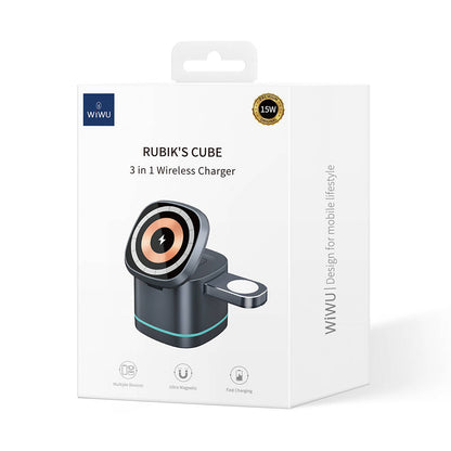 Wiwu Wi-W024 Rubik Küp Ambiyans Işıklı Telefon&Akıllı Saat&Kulaklık İçin 15W 3in1 Kablosuz Şarj Standı Siyah
