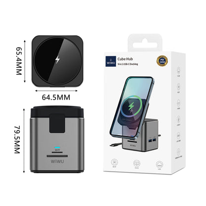 Wiwu Wi-W025 9in1 M-safe Şarj Özellikli Type-C Hub PD 100W USB 3.0 SD/TF HDMI RJ45 Gri